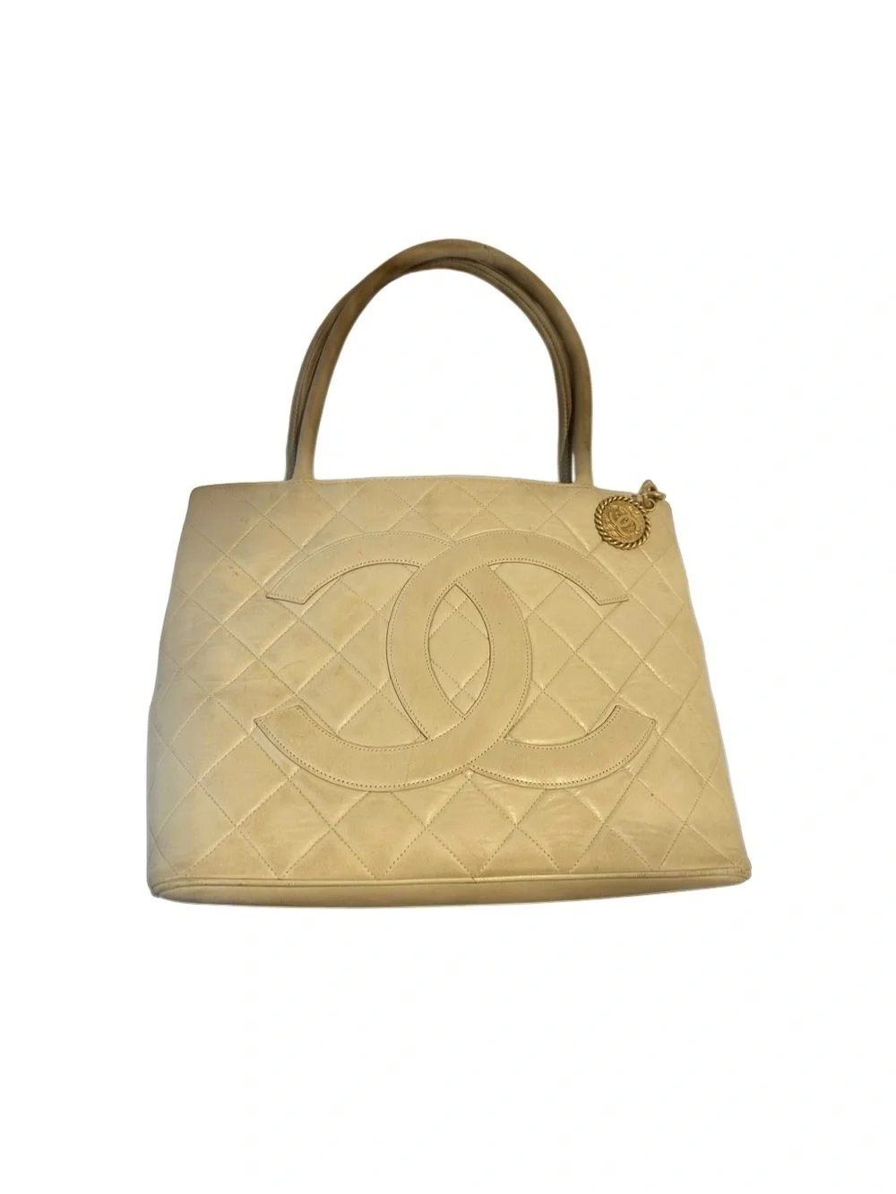 CHANEL Medallion Quilted CC Leather Shoulder Tote in Light Beige